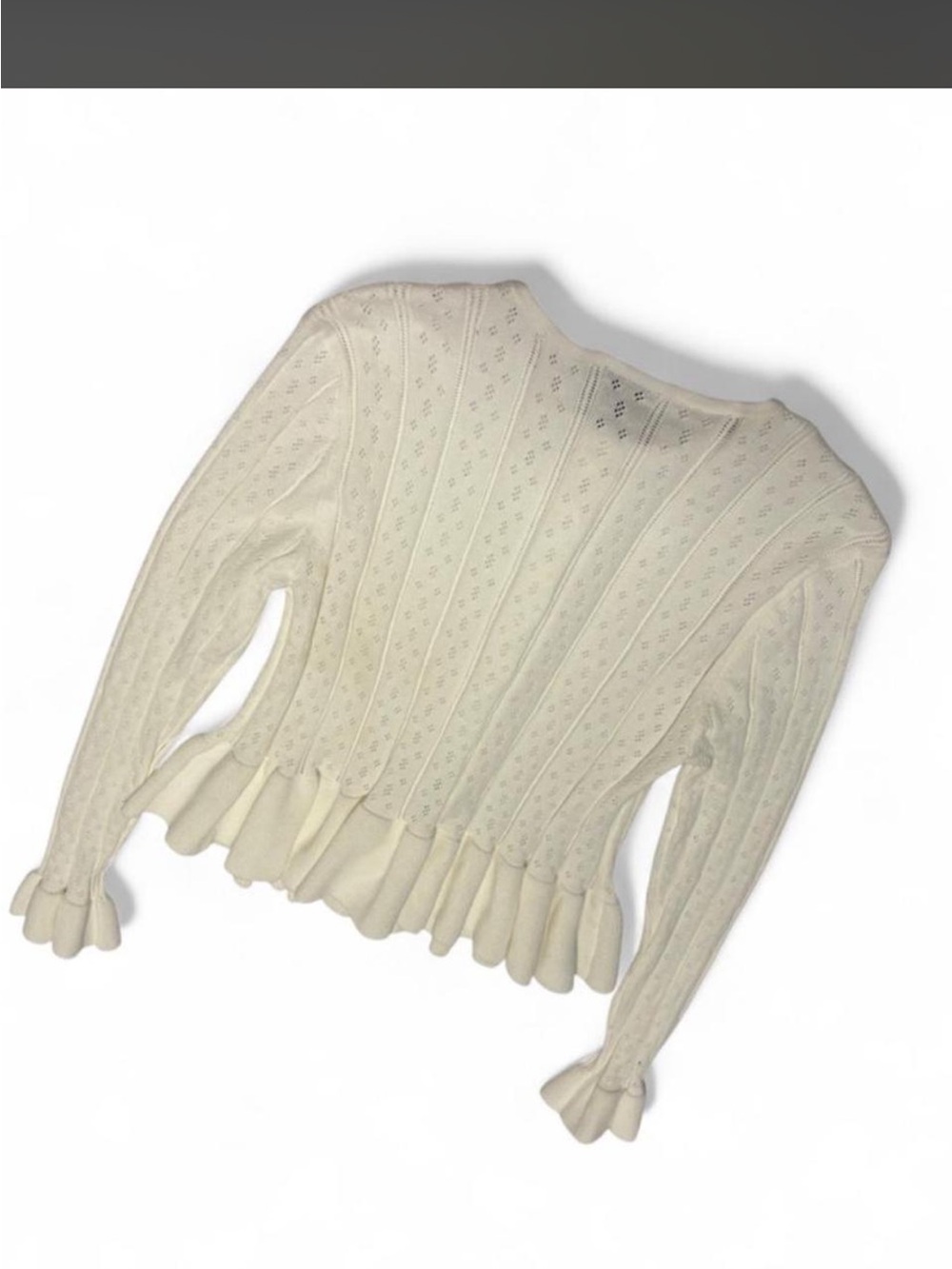 Ivory Ruffle-Hem Cable Knit Cardigan Sweater - Picture 3 of 6